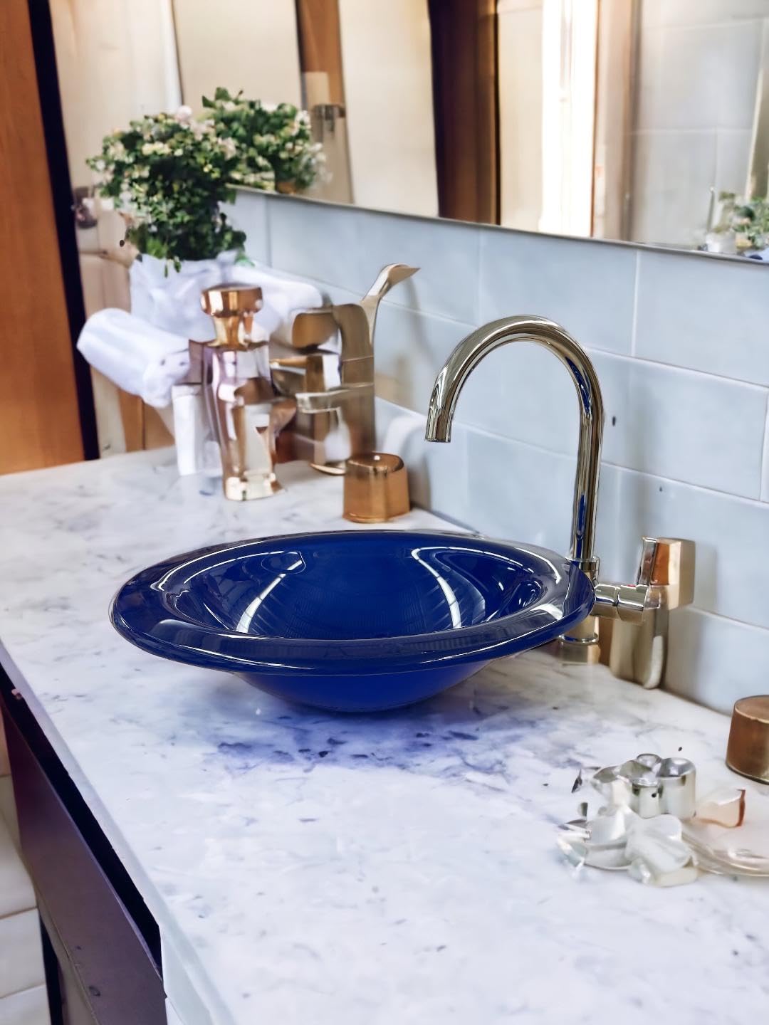 Modern Elegant Glass Dark Blue 16" Bathroom Vessel Sink Pop Up in Brished nickel Set