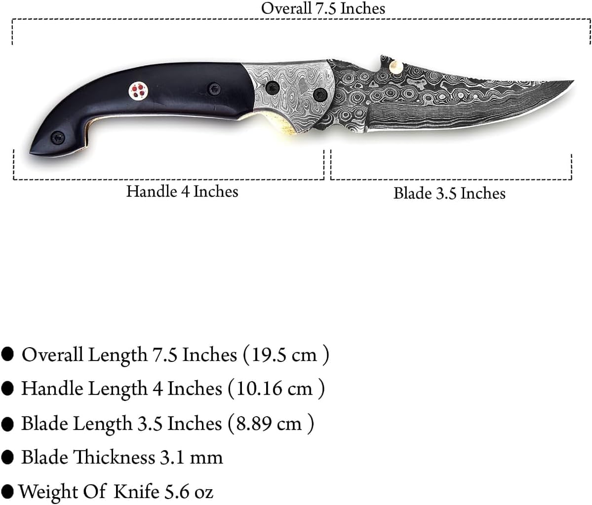 7.5 inch Damascus Pocket Knife with Sheath, Handmade Folding Pocket Knife for Men, Black-Red Wooden Handle with Brass Bolster, Secure Lock Back Camping Knife for EDC,Hunting,Hiking (Black Folding)
