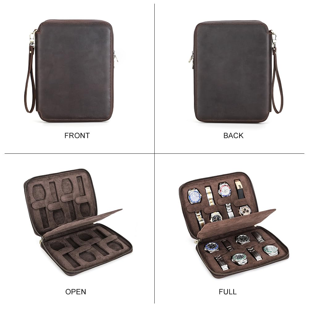CONTACTS Herren-Armbanduhr, echtes Leder, mit Reißverschluss, schmale Box, minimalistische Vintage-Uhr, Handtasche, Clutch mit Befestigungsriemen (Kaffeebraun - 8 Fächer)