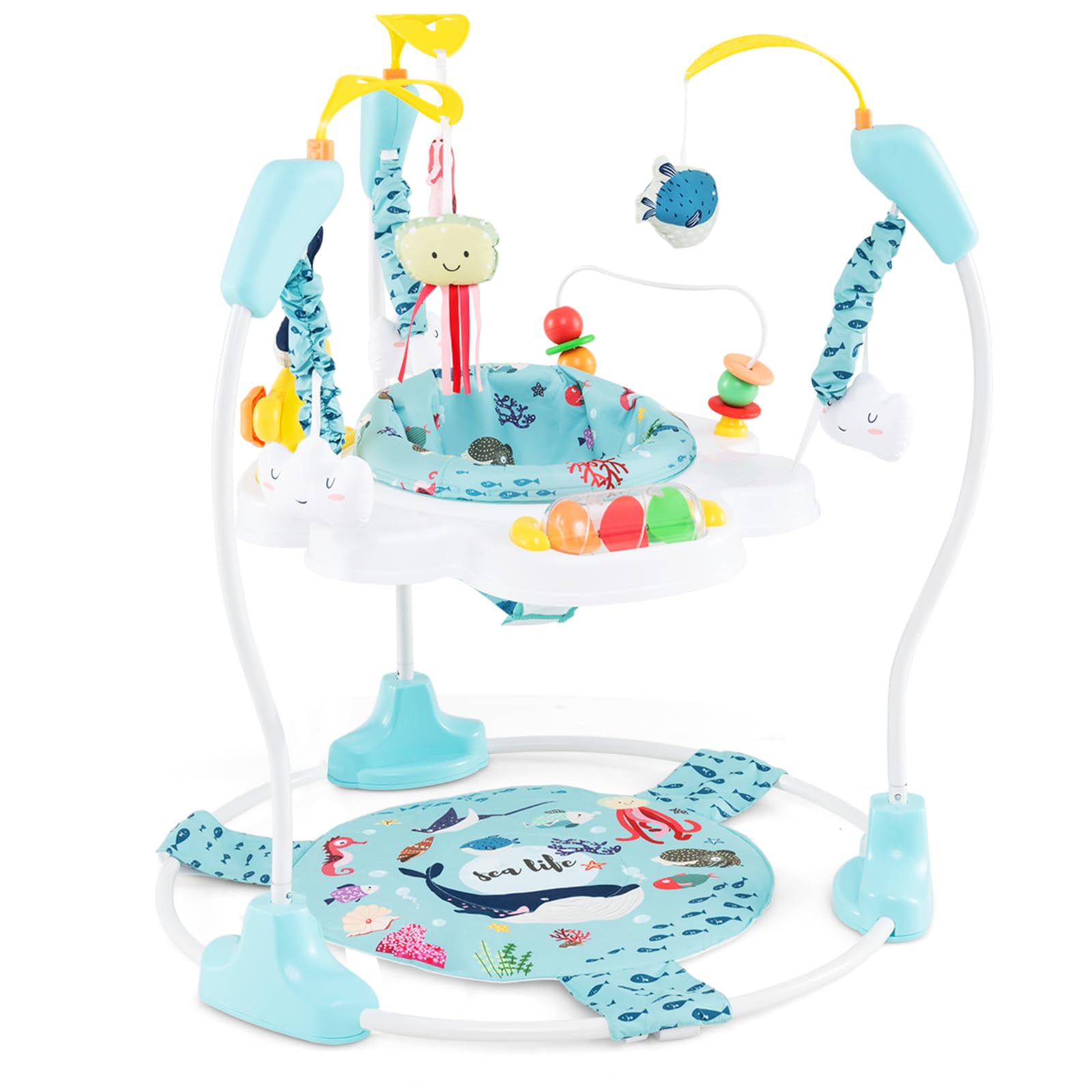 GYMAX Baby Jumperoo Activity Center, Baby Jumpers with 3 Adjustable Heights, Seat Cushion, Foot Pad, Developmental Toys, Music, Lights & Sounds, Toddler Bouncer for 6 Months+ (Light Blue)