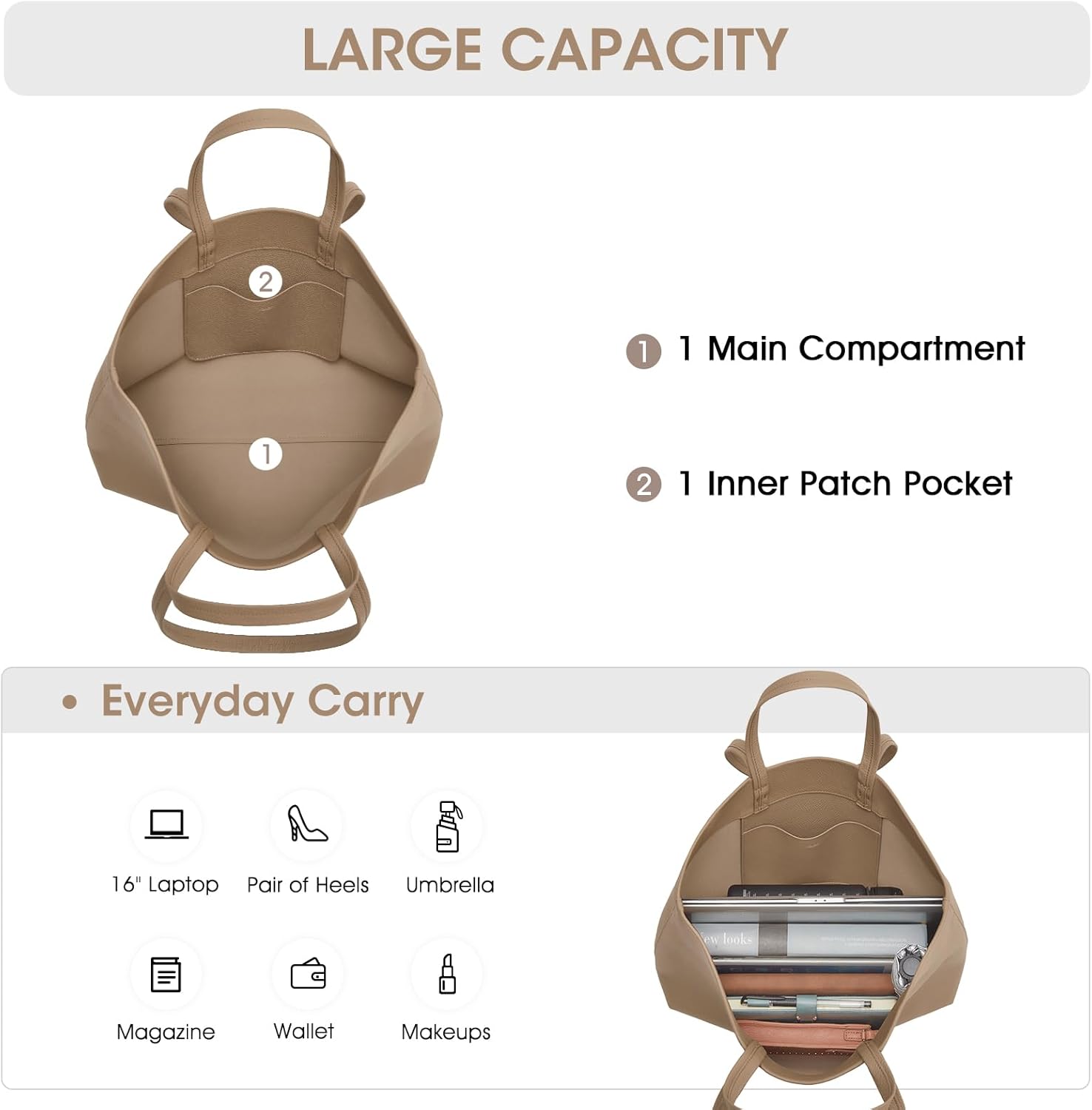 Kattee Leather Tote Bags for Women Soft Shoulder Purses Handbags Travel Work Bags Top Grain Leather Large Capacity - Image 6