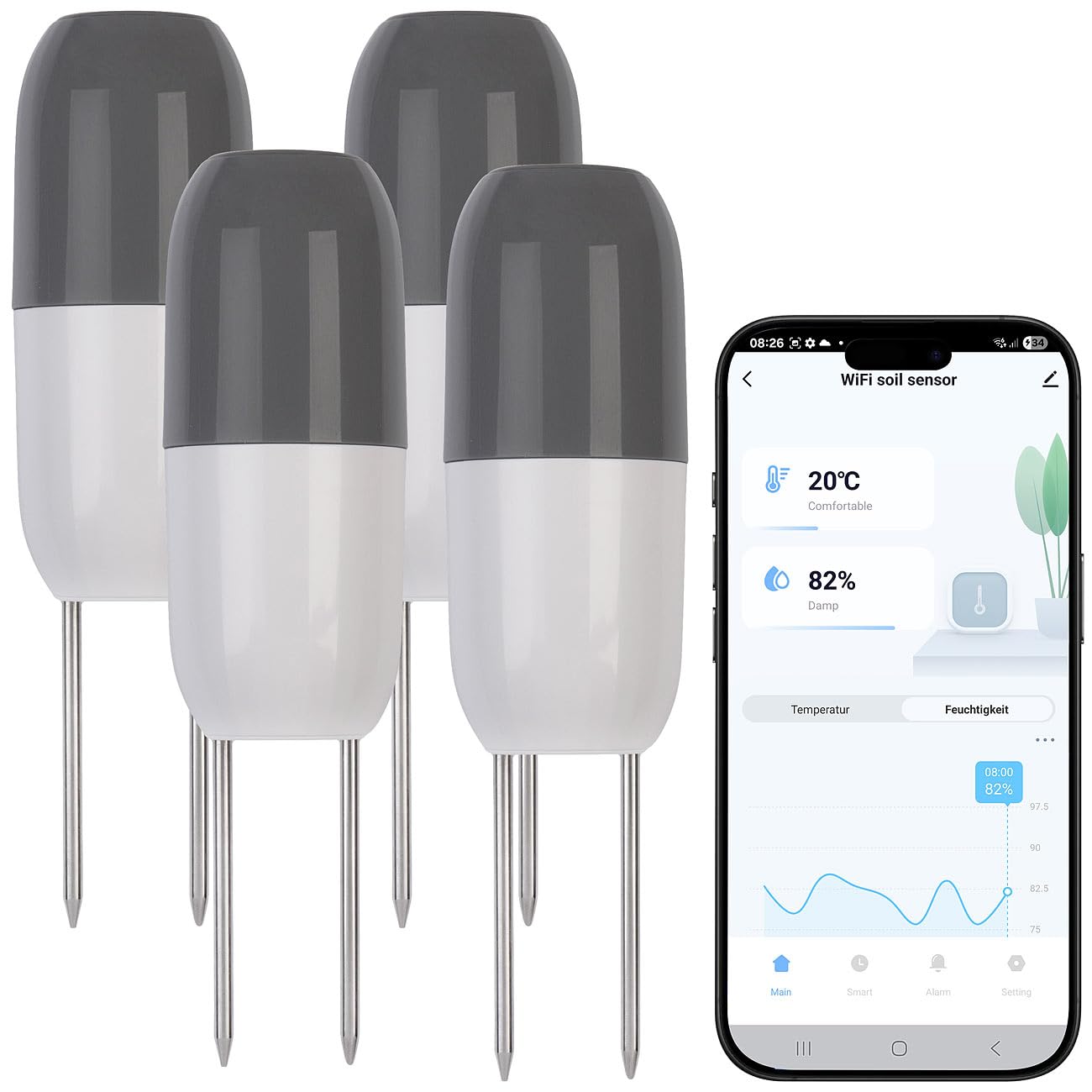 Royal Gardineer WLAN Pflanzen Sensoren: 4er-Set Smarter WLAN-Bodenfeuchtigkeits- & Temperatursensor, App (Pflanzenpflege Sensor, Boden Temperaturmessgerät)