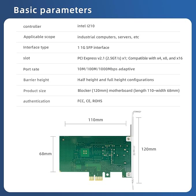 Tarjeta de Red Gigabit de Puerto Único SFP de Fibra Óptica Bucaoz, con Chip Intel I210, Adaptador de Red Convergente PCIe x1 (incluye un Módulo Óptico Multimodo), compatible con Windows Server, Linux y VMware miniatura 3