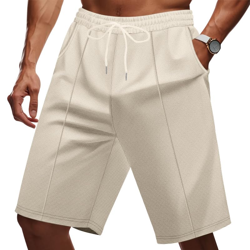 Casual Mens Waffle Shorts Summer Trendy Solid Color Drawstring Elastic Waisted Sports Bermuda Shorts Gym Wear