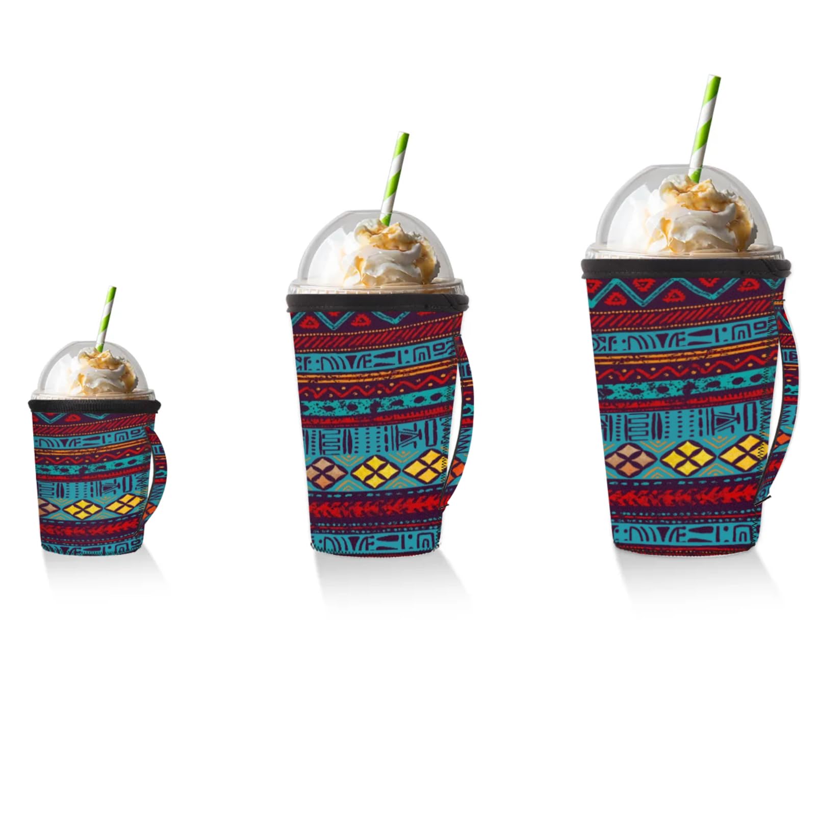 Vintage Aztec Stripes Reusable Neoprene Coffee Sleeve with Handle Insulated Iced Coffee Cup Holder Reduces Condensation Fits 24-28 oz Cups M