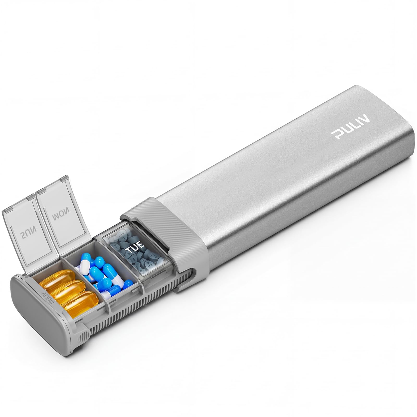 PULIV Metal Weekly Pill Organizer with Sturdy & Sleek Aluminum Alloy Case, Pill Case with Triple Protection Against Spilling, Compact Travel Pill Box