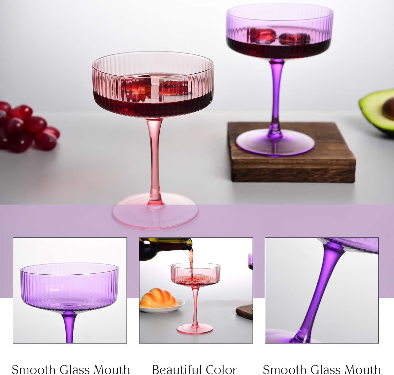 2 Pcs Ribbed Coupe Glasses, 10 oz Vintage Cocktail Coupe Glasses Set, Classic Cocktail Galssware, Bar Drinking Glasses Set Pefect, Wine, Champagne & Gift (PINK&PURPLE) - Image 2