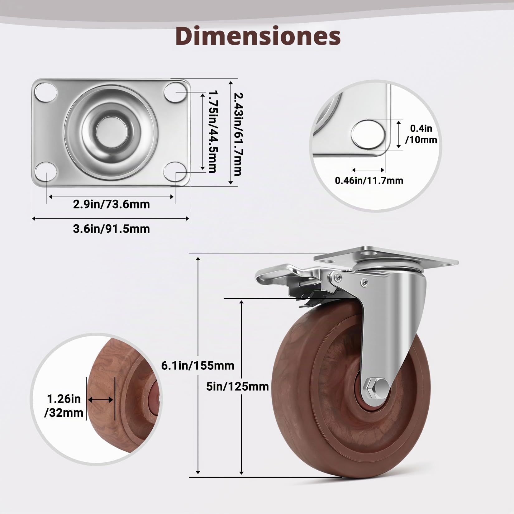 125mm Ruedas Resistentes al Calor, Carga de 1000KG, Rueda Giratorias Industriales con Freno, Resistentes -20°C a +250°C, Pesadas Ruedas de Nylon para Carros, Taller Fundición,Juego de 4