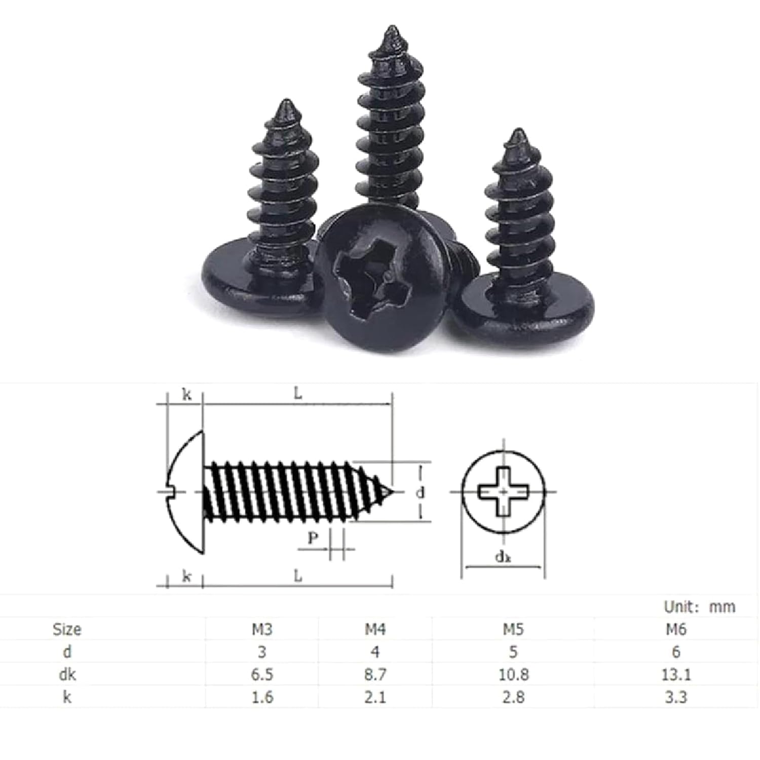 25Pcs Wood Screws - Black Steel Cross Recessed Mushroomhead Phillips Self Tapping Screws for Home,DIY​(M3x16mm)