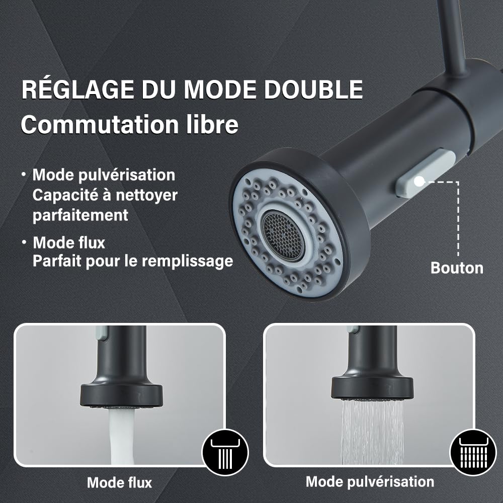 Robinet Cuisine Noir Pivotant 360° Mitigeur 2 Modes Pulvérisation Évier Arc Élevé Laiton