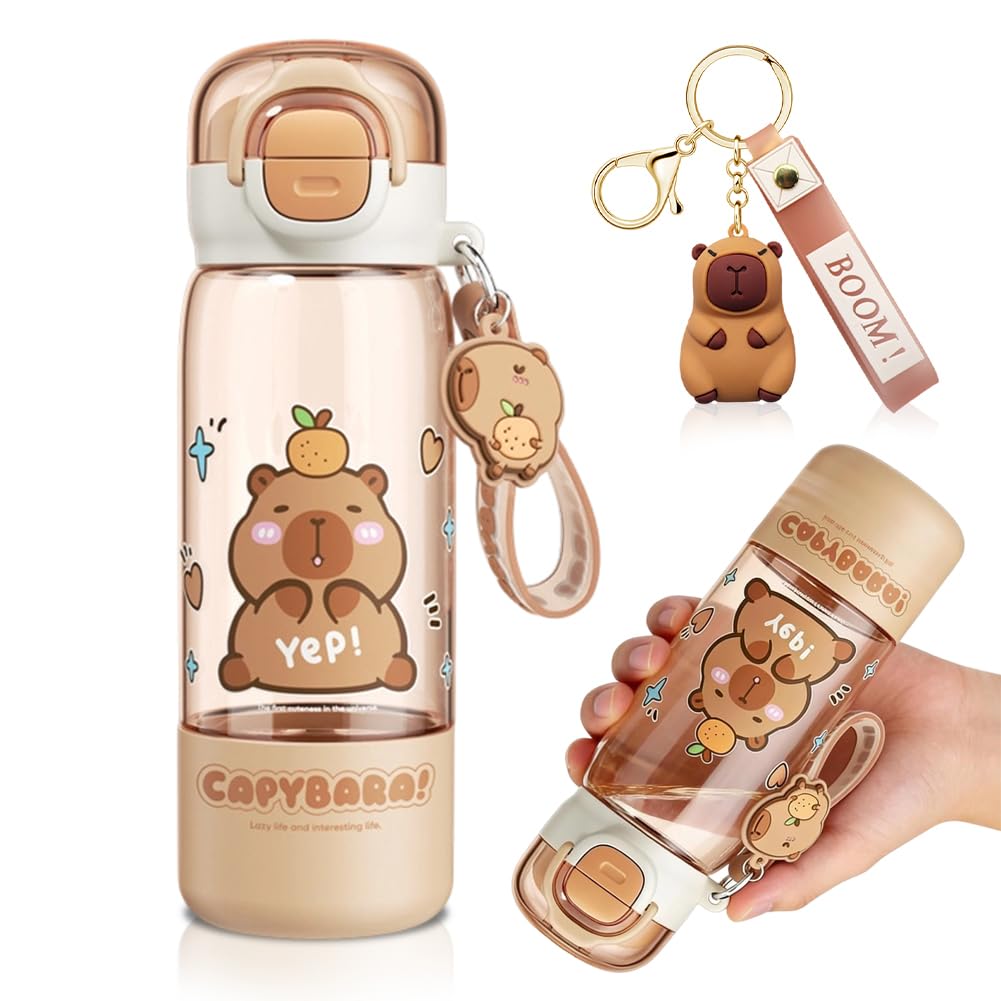CYGMRFH Capybara Water Bottle for Kids 510ml – Leak Proof Sports Tritan Bottle with Straw Lid & Carry Handle, BPA Free Reusable Drinking Cup with Silicone Keyring for School Boys Girls