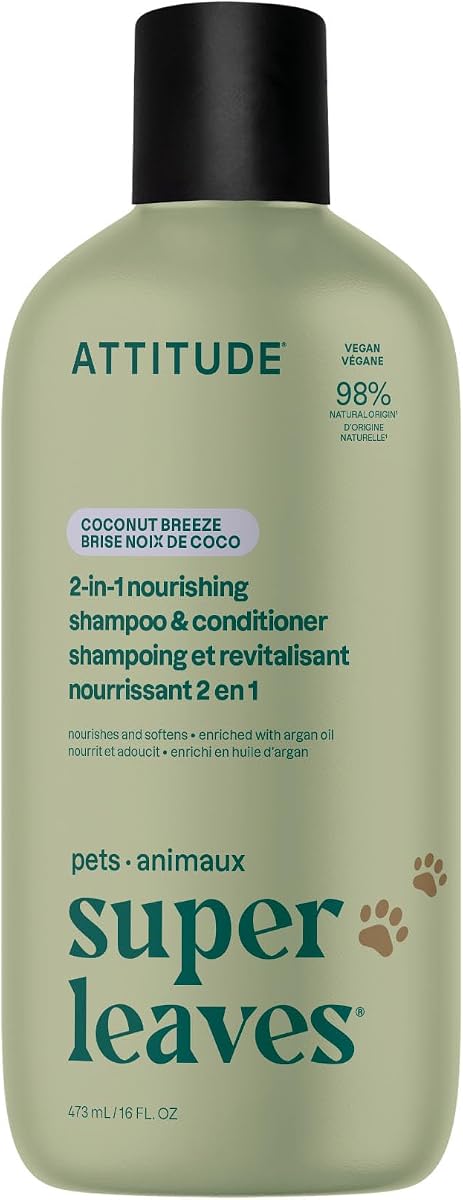 Attitude 2-in-1 Pet Shampoo and Conditioner, Dog & Puppy Shampoo with Argan Oil for Soft Shiny Coat, Gentle Nourishing Grooming Wash, Vegan, Coco Breeze Scent, 473 mL