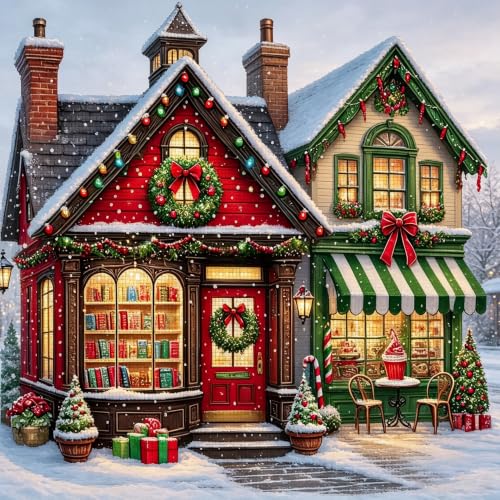 Image of Christmas House Stamped Cross Stitch Embroidery Starter Kit for Adults | 11CT Christmas Needlepoint Counted Cross-Stitch Patterns Dimensions Kit Arts and Crafts Home Decor 14x14inch