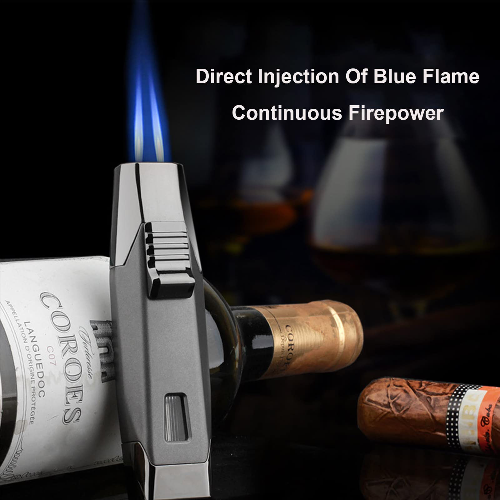 Briquet Torche Gonflable 2 Jet Bleu Flamme Coupe-Vent Gaz Butane Grand Briquet Coupe-Vent Fort pour Cigare Bougie Camping pour Hommes Outils