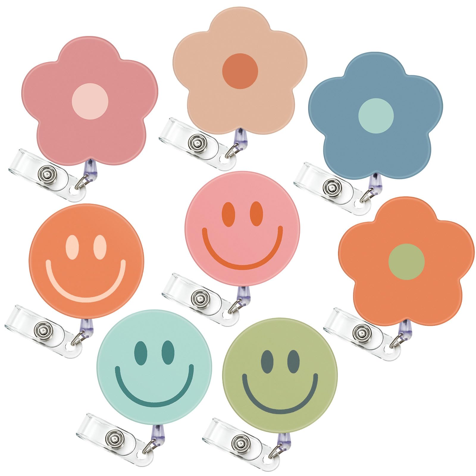 Whaline 8Pcs Boho Flower Smile Face Badge Reel with Clips Retractable Cord Colorful ID Badge Reel Name Tag Badge Holder for Office Hospital Teachers