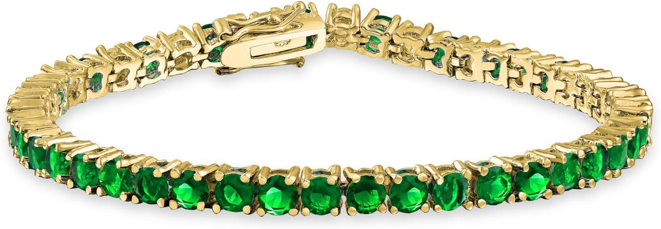 Bling Jewelry Classic Bridal 12CTW Prong Basket Set Brilliant or Cabochon Cut Round Cubic Zirconia Solitaire CZ Tennis Bracelet For Women Prom Wedding 14K Gold Plated Birthstone Colors 7.5 Inch