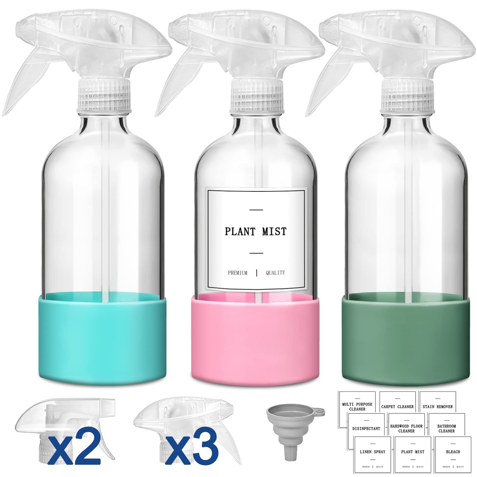 GMISUN Glass Spray Bottles for Cleaning Solutions, 16oz Reusable Spray Bottles for Cleaning, 3Pack Clear Empty Cleaning Bottles with Silicone Sleeve and Labels for Plants - 3pcs Upgraded Nozzles