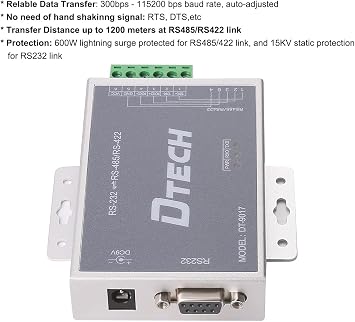 DTECH Bi-Directional Active RS232 to RS485 RS422 Serial Converter with Surge Protection 600W 15KV ESD DB9 to RJ45 Phoenix Contacts Adapter Power Supply TX RX LEDs for Long Haul Data Communication