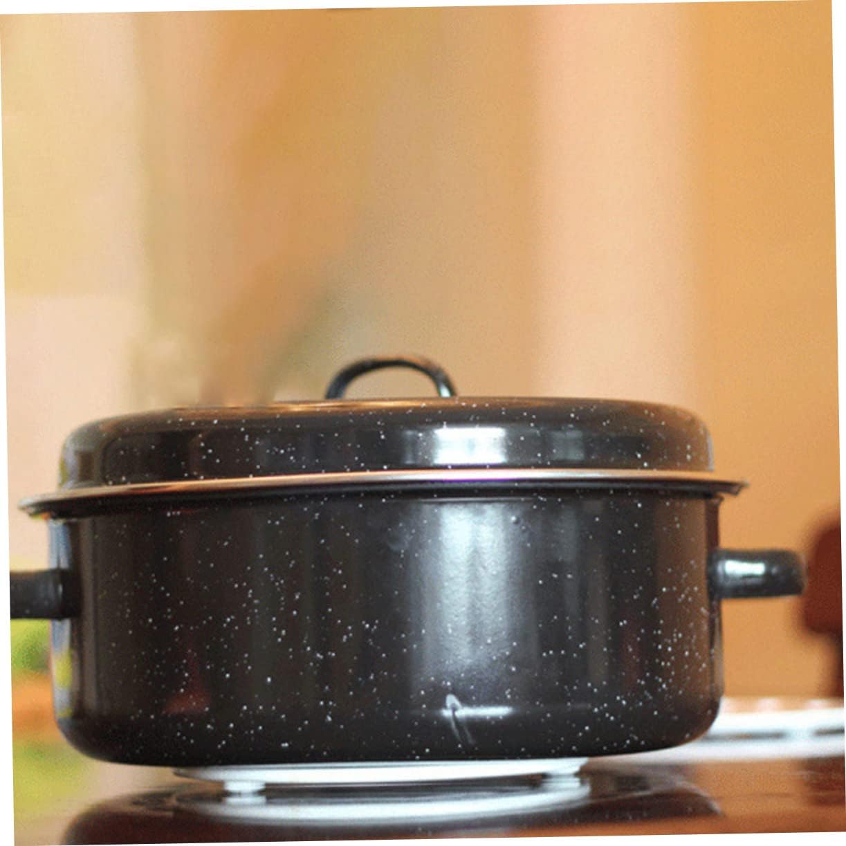 VOSAREA Covered Round Roaster for Roasted Sweet Potatoes Enamel Potato Pot with Lid Portable Baking Dish for Home Camping and Gatherings Easy to Clean and Carry