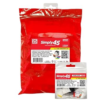 Simply45 Cat6/6A UTP 180 Degree Keystone Jack 110 Style - White, 25-Pack - Toolless, w/6 Color ID, 568B Wiring Label, ANSI/TIA 568.2-D, ISO/IEC 11801 Class E - S45-3600W-25