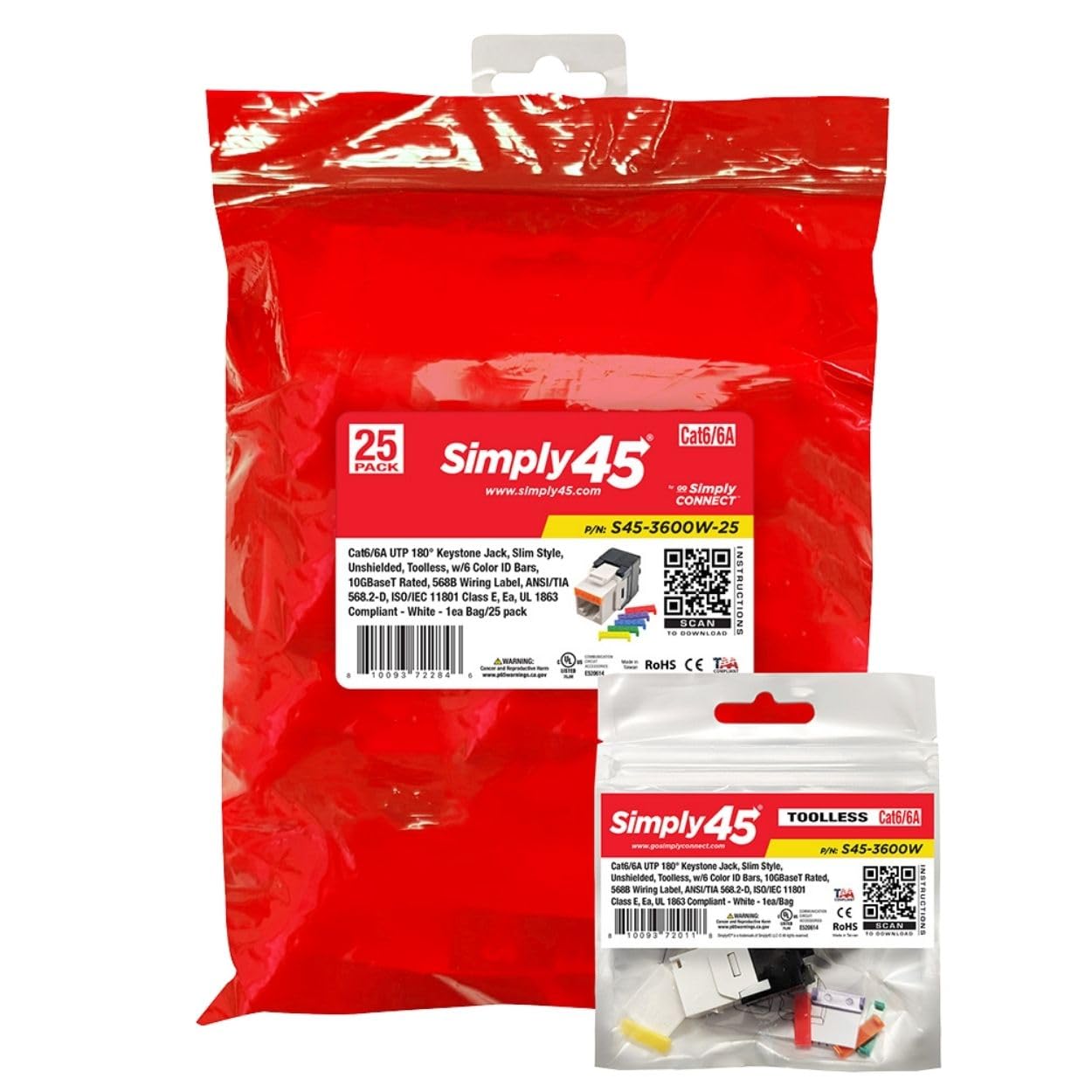 Simply45 Cat6/6A UTP 180 Degree Keystone Jack 110 Style - White, 25-Pack - Toolless, w/6 Color ID, 568B Wiring Label, ANSI/TIA 568.2-D, ISO/IEC 11801