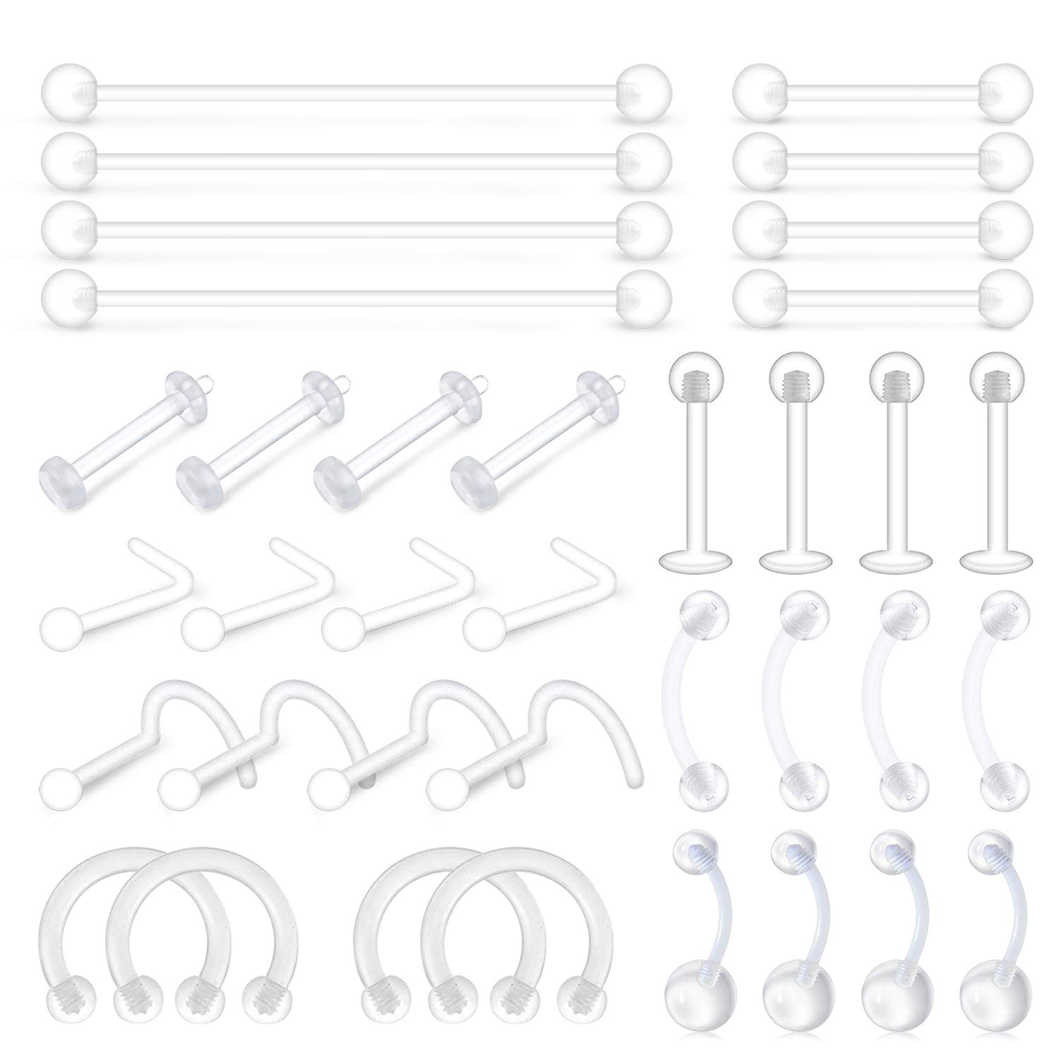 VCMART36pcs Clear Piercing Retainers Set Bioflex Flexible Plastic Nose Lip Tongue Belly Eyebrow Ear Piercing Kit
