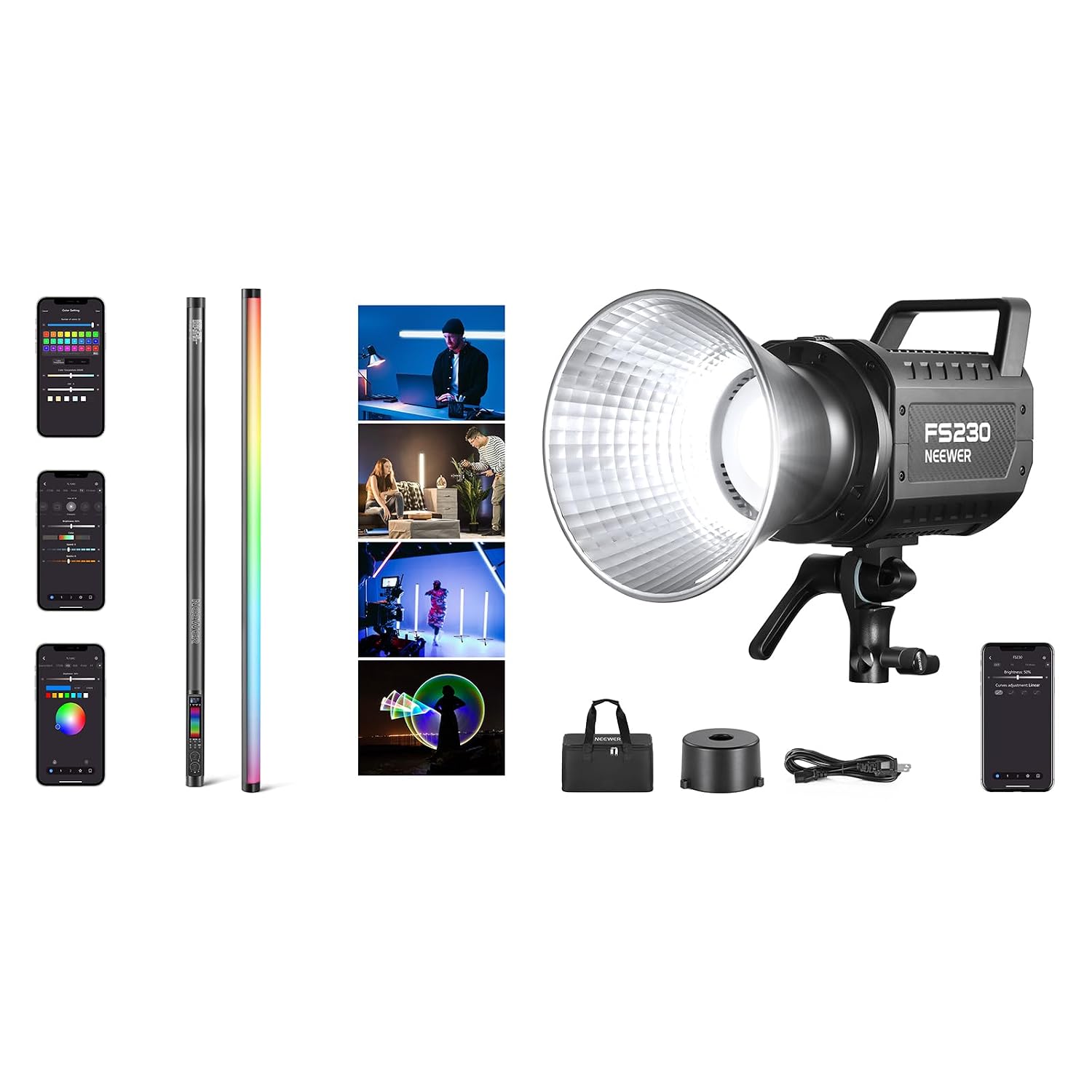 NEEWER TL120C RGB Tube Light, 42W Full Color RGBWW Photography LED Video Light Wand Stick with FS230 230W COB Video Light 2.4G/APP Control, 110000lux/1m 5600K Daylight Bowens Mount