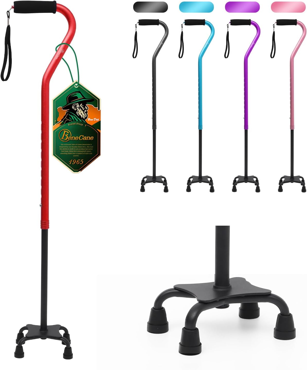 BeneCane Quad Cane Adjustable Walking Cane with Offset Soft Cushioned Handle for Men & Women Lightweight Comfortable with 4-Pronged feet for Extra Stability