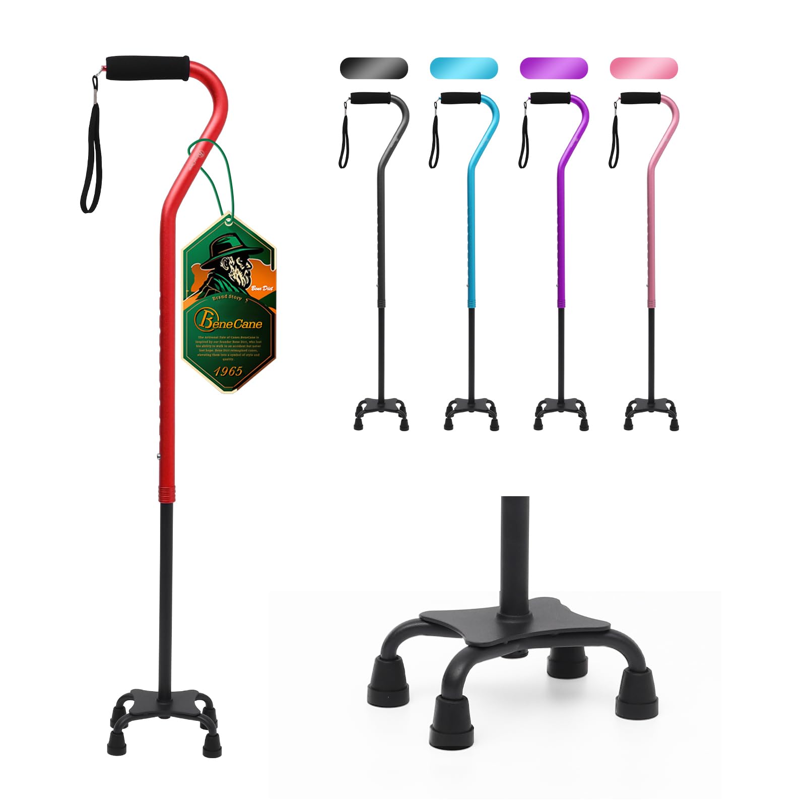 BeneCane Quad Cane Adjustable Walking Cane with Offset Soft Cushioned Handle for Men & Women Lightweight Comfortable with 4-Pronged feet for Extra Stability