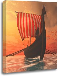 Ansouyi 12x16 Inches Canvas Wall Art Painting Viking Man and Longship Longboat Sails to New Shores Home Decorative Artwork Prints