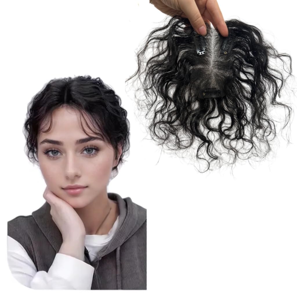 Human Hair Curly Bangs Hair Topper – 10" Stretched (Ear-Length) Wavy 3D Fringe Clip in Hairpiece, 20g Ultra-Light 0.1mm Swiss Lace Base (7 * 11cm Curly Dark Brown Air Bangs)