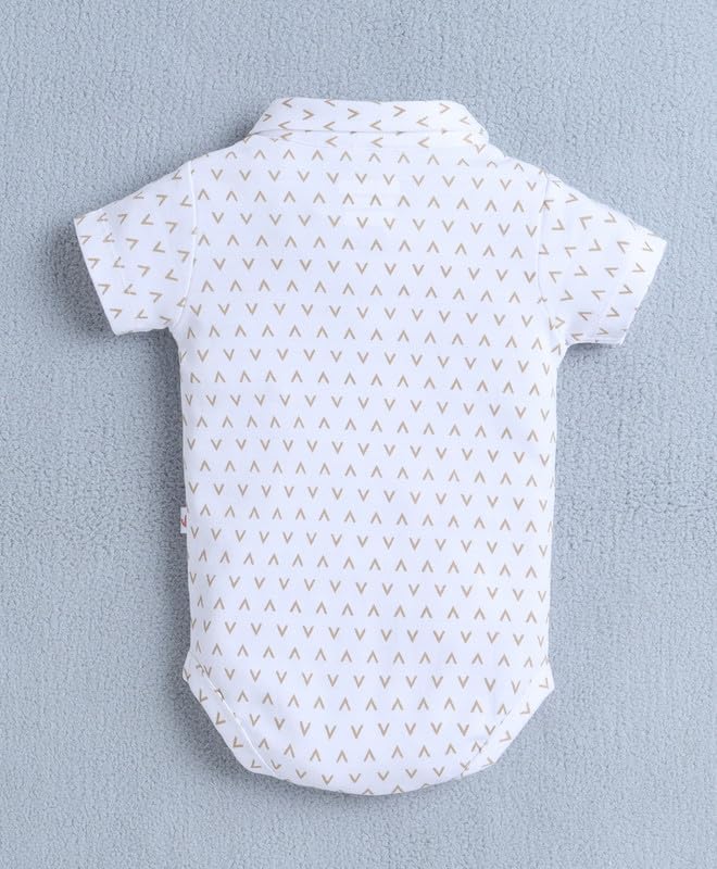 Image of BUMZEE Boys Regular Fit Half Sleeves Collar Neck Cotton Bodysuit & Short Set With Applique Bow Suspender & Cap