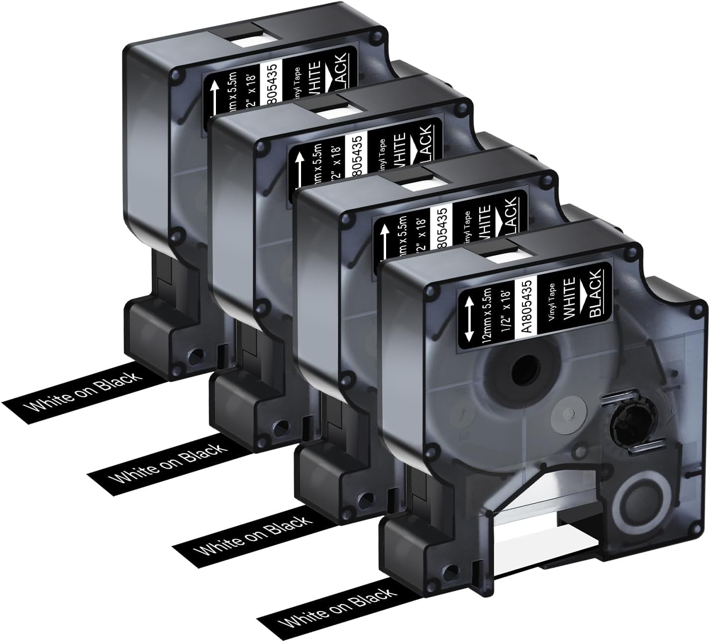 4 Pack Compatible for Dymo Rhino 1805435 1/2" 12mm White on Black Vinyl Permanent Industrial Label Tape for Rhino 1000 3000 4200 5000 5200 6000 and 3M Label Maker