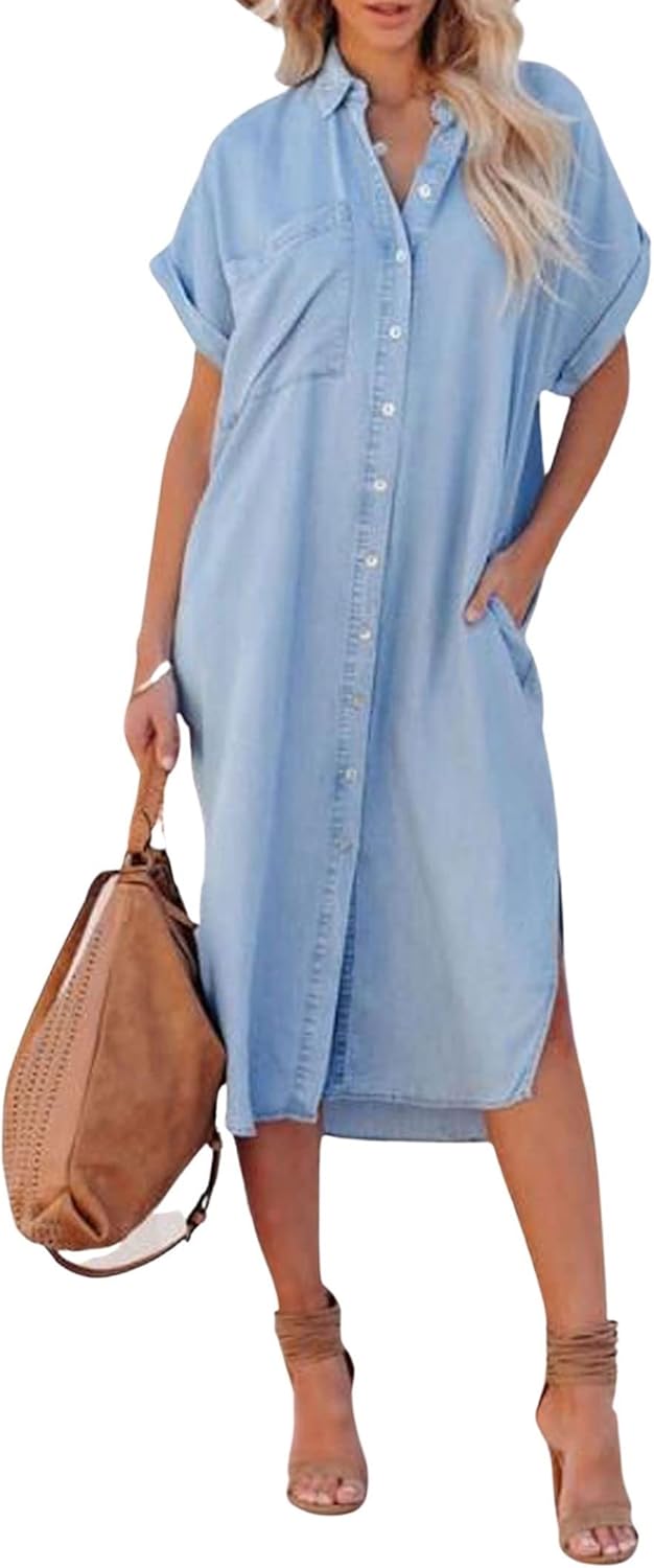 loveimgs Women Casual Button Down Faux Denim Midi Shirt Dress Side Slit Short Sleeve Jean Dress with Pocket - Image 4