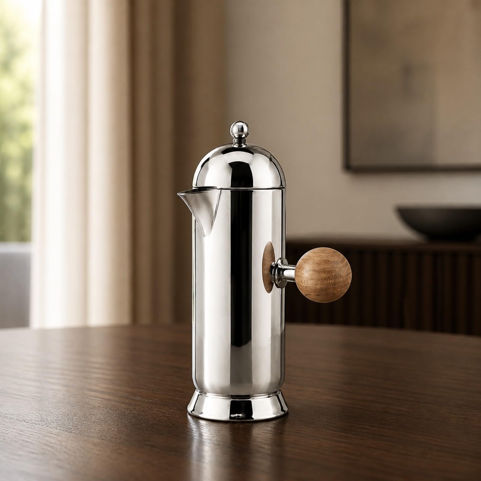 Milageto Cafetera Émbolo Francesa | Acabado Espejo, Cafetera émbolo con Mango Madera, Compacta, para Oficina, L