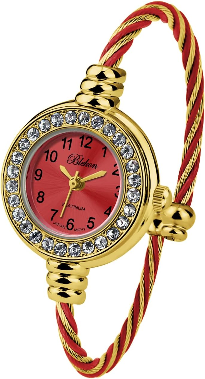 Blekon Collections Women's Cuff Watch - Round Analog Display Arabic Numbers 23mm Case Wire Bracelet Watch for Women Elegant Cable Cuff Bangle Wrist Watch