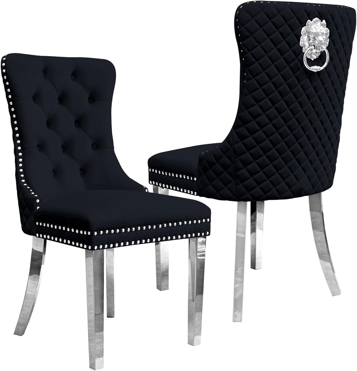 M-V-O Luxury Velvet Door Knocker Dining Chairs – Soft Padded Velvet Upholstery with Chrome Knocker & Studded Trim – Elegant Dining Room Chairs (Black, 2 Pack)