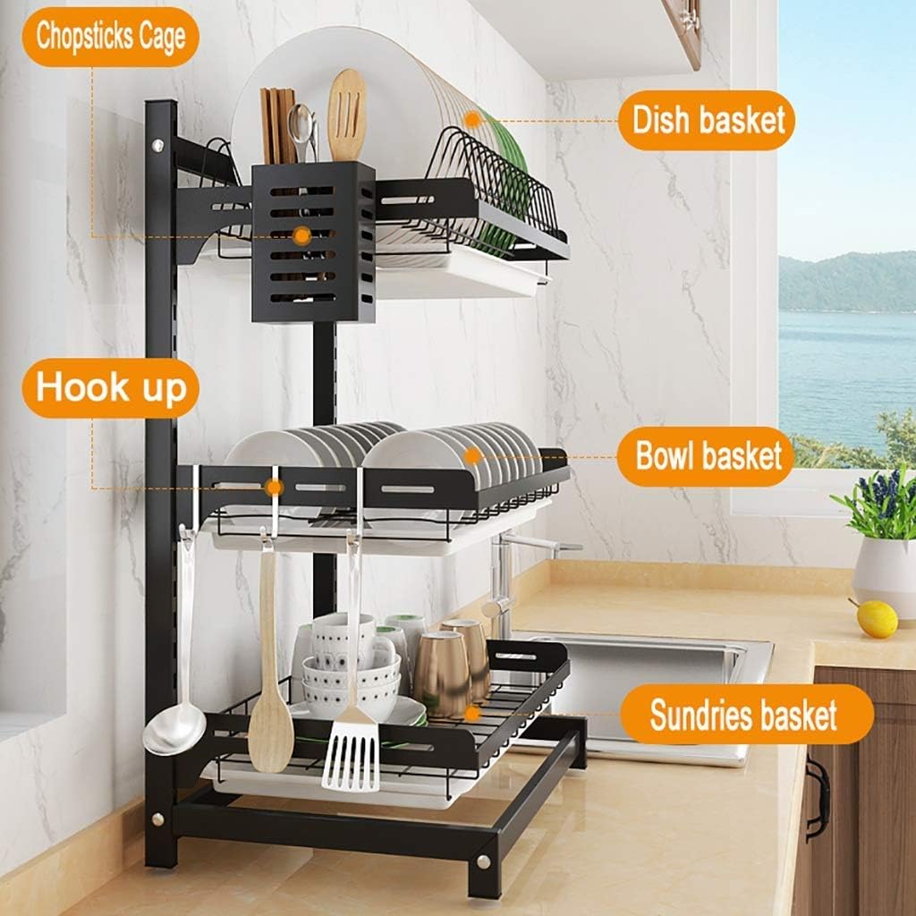 Black 201 Stainless Steel Kitchen Countertop Dish Rack Drain Rack with Chopsticks Cage,4 Hooks - 2 Layers / 3 Layers