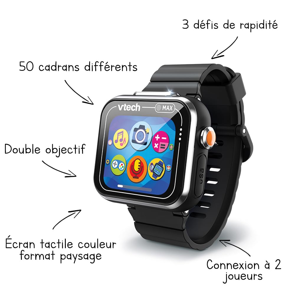 VTech - KidiZoom SmartWatch Max Noire, Montre Digitale Enfant, Photo, Selfie, Vidéo, Écran Tactile Horizontal, Jouet High-Tech, Cadeau Enfant et Ado de 5 Ans à 14 Ans - Contenu en Français