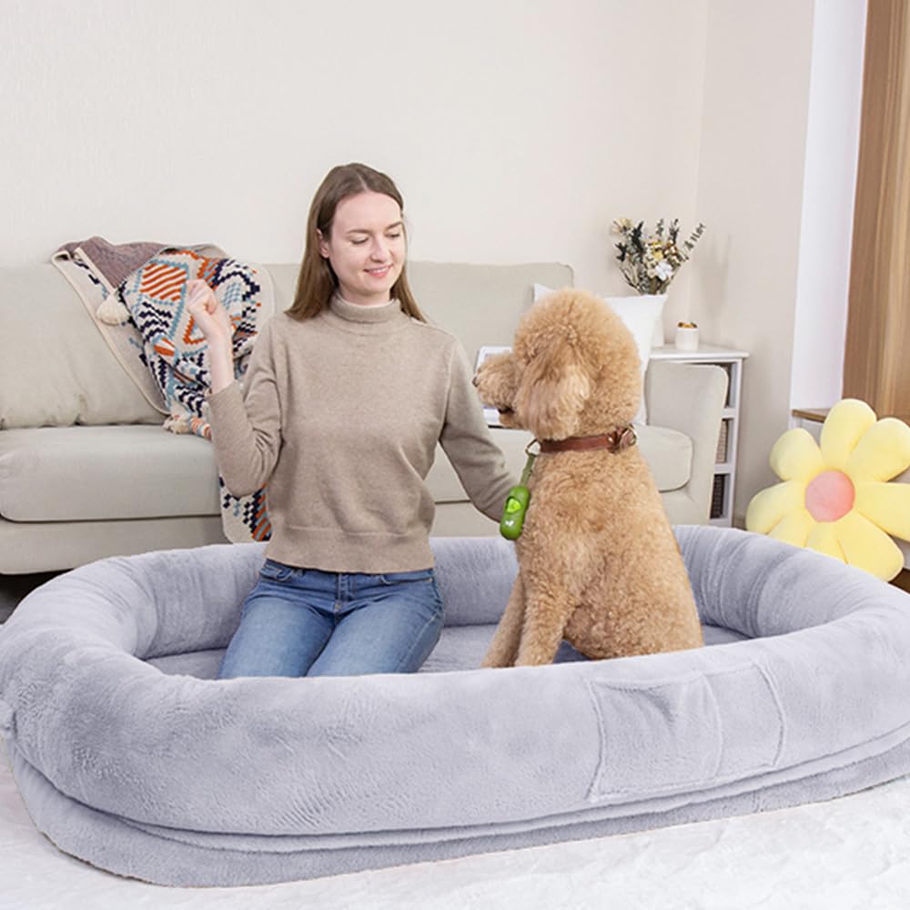 Condition photo showing New/Like New for human dog bed 63”x36.6”x11” large dog bed with raised cushioned rim, removable cover, waterproof lining and bonus blanket; washable-luxury fluffy nap bed (63"x36.6"x11", grey)