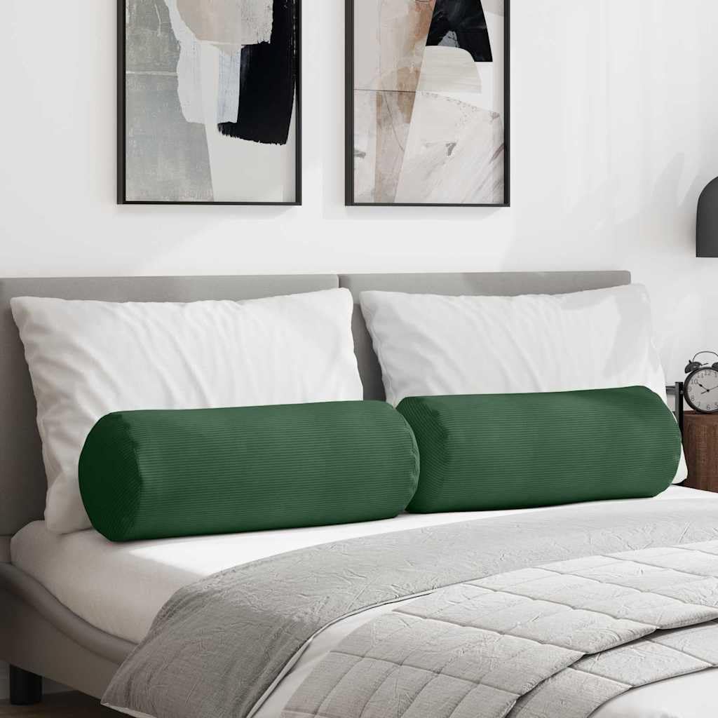 Set di 2 cuscini cervicali, verde scuro, 25 x 70 cm, in velluto a coste | Cuscino cilindrico decorativo per soggiorno e camera da letto con rivestimento sfoderabile in morbido tessuto a coste.