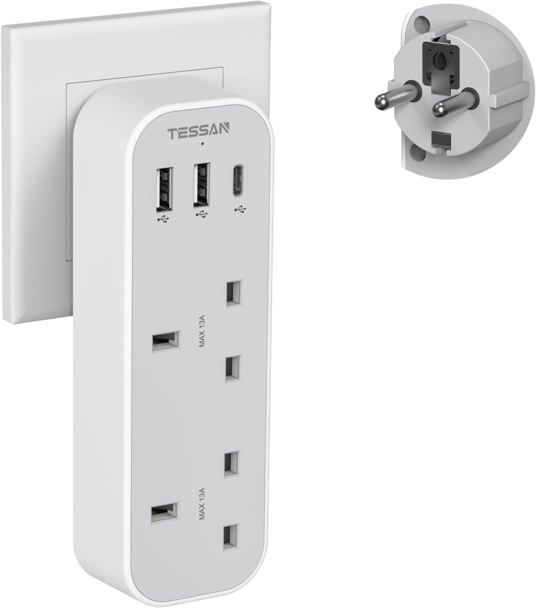 UK to European Travel Plug Adapter, TESSAN Grounded EU Euro Europe Travel Adapter with 3 USB (1 USB C), European Adaptor Multi Plug Outlet for Spain France Iceland Germany Greece Poland (Type E/F)