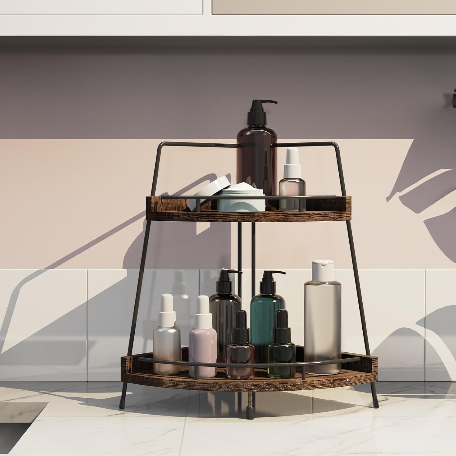 2-Tier Wooden Corner Vanity Shelf - Countertop Storage Organizer for Kitchen & Bathroom