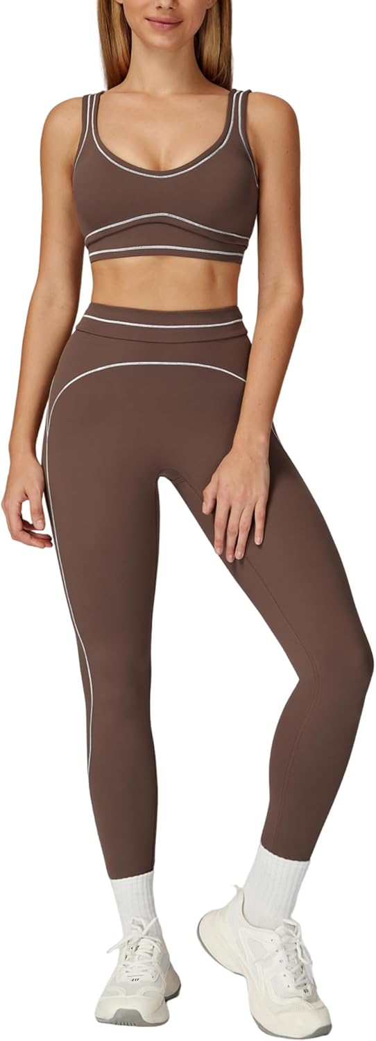 Womens Workout Set Two Piece U Back Color Block Sports Bra Matching High Waist Leggings Gym Work Pilates Outfits