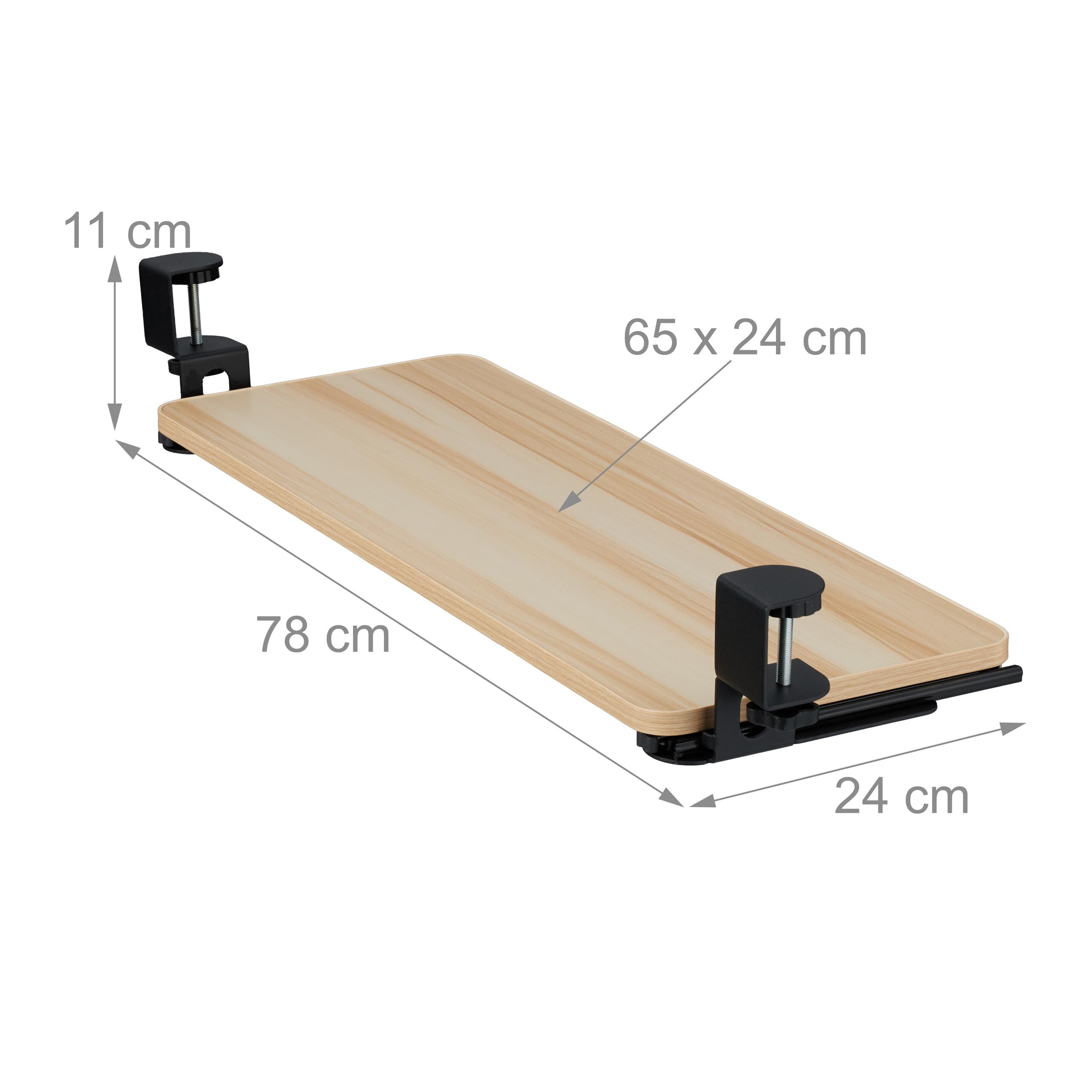 Relaxdays Extensor Escritorio, 65 x 24 cm, Plegable, con Pinzas, Bandeja Teclado Ergonómica, Efecto Madera, Natural