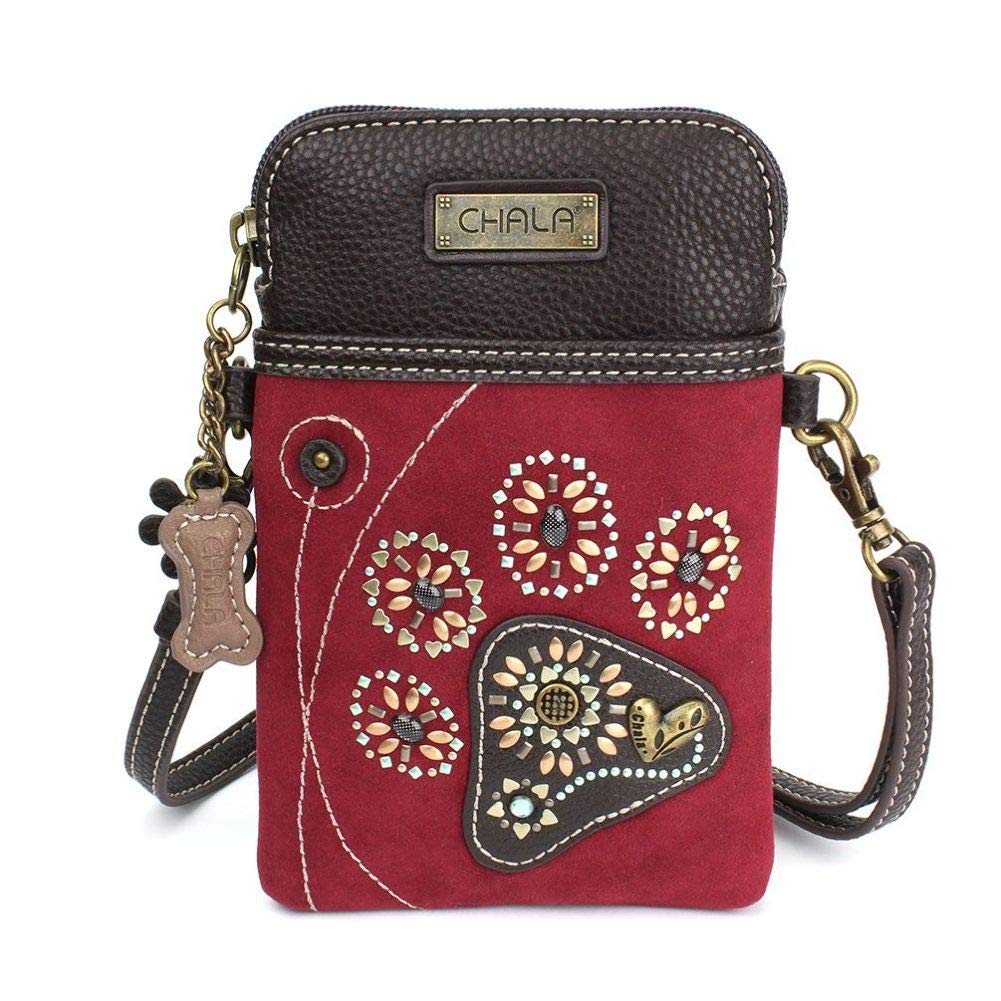 Chala Dazzled Crossbody Cell Phone Purse - Women Faux Leather Multicolor Handbag with Adjustable Strap - Pawprint Burgundy