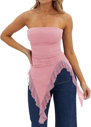 Womens Strapless Tube Tops Summer Asymmetrical Long Ruched Mesh Shirts Cute Y2k Ruffle Hem Going Out Bandeau Top