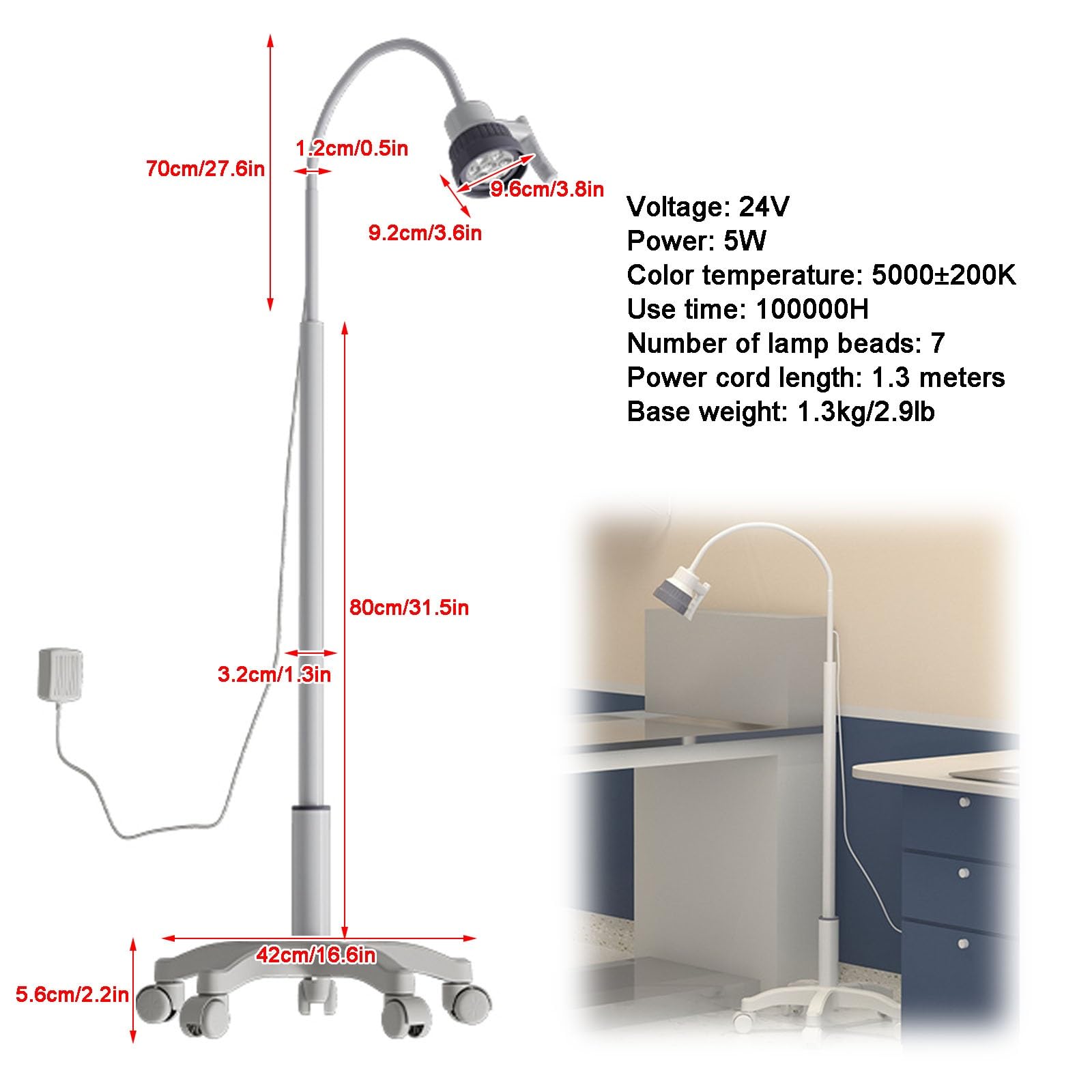 Lampada per Visita Medica da 5W, Lampada Da Visita Chirurgica LED, con Base Mobile e Ruote, Lampada per Visita Ginecologica, Lampada Chirurgica per Animali Domestici