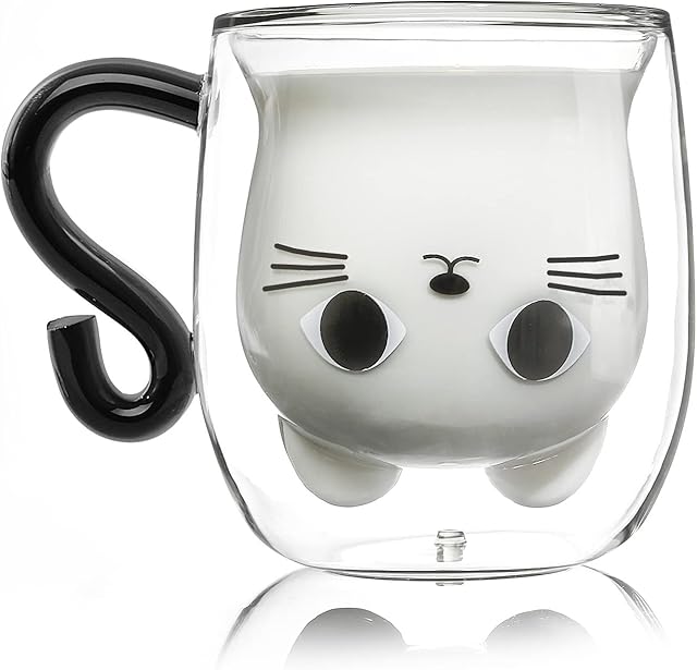 Qinhai Cat Mugs, Double Wall Glass Tea Cup, Cute Coffee Mug, Valentine's Mother's Day Easter Halloween Christmas Gifts for Women Wife Mum Her Grandma Girl Teacher Friend, Birthday Present Idea (Black)