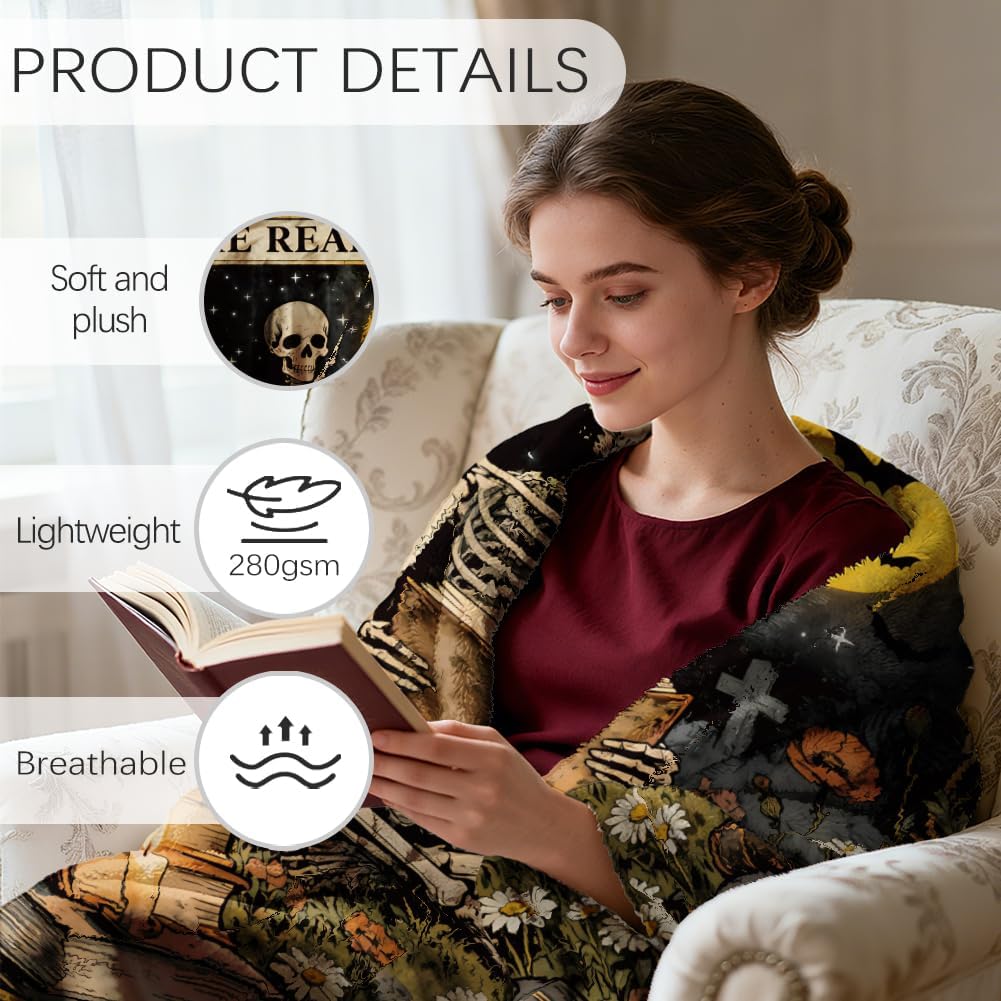 GLOBLELAND Magic Skeleton Reading Throw Blanket 59 x 51 Mysterious Night Tomb Tarot Throw Blankets Magical Theme Reader Books Blanket for Home Sofa Travel Adult Women Comfort Warmth Soft Cozy